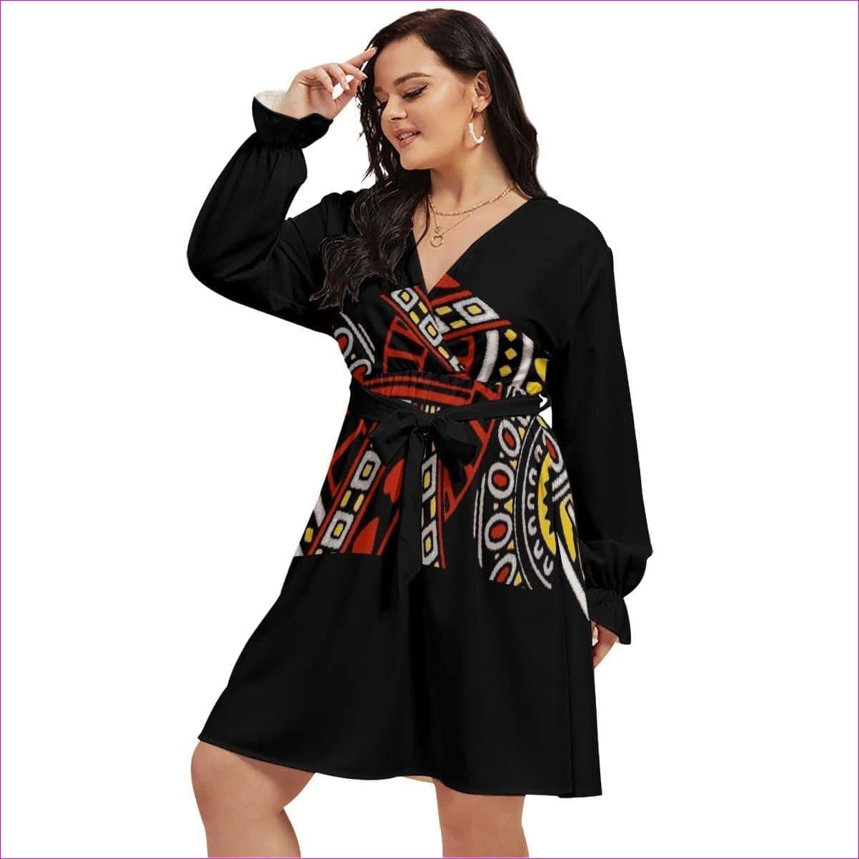 Black - Full Deck Womens V-neck Dress With Waistband(Voluptuous Plus Size) - womens dress at TFC&H Co.