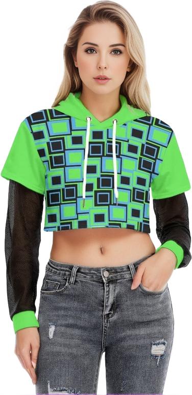 Funky² Womens Faux Two-piece Mesh Sleeve Cropped Hoodie - women's cropped hoodie at TFC&H Co.