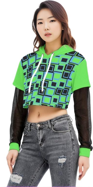 Funky² Womens Faux Two-piece Mesh Sleeve Cropped Hoodie - women's cropped hoodie at TFC&H Co.