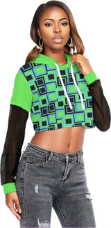 Green - Funky² Womens Faux Two-piece Mesh Sleeve Cropped Hoodie - womens cropped hoodie at TFC&H Co.