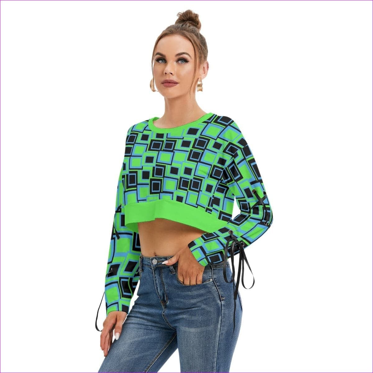 Funky² Womens Lace-Up Sleeve Cropped Sweatshirt - women's cropped sweatshirt at TFC&H Co.