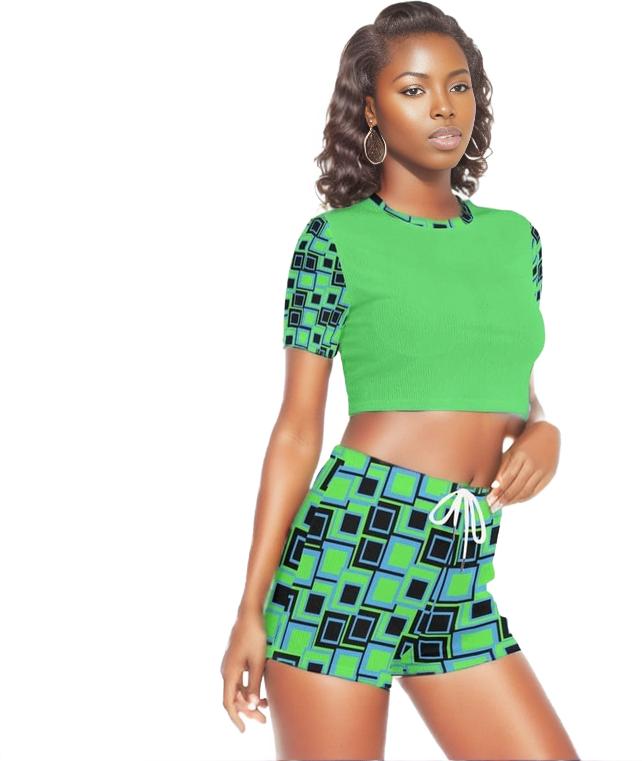 Green Funky² Womens O-neck T-shirt & Short Set - women's crop top & shorts set at TFC&H Co.