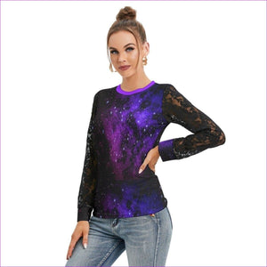Black Galaxy Black Womens T-shirt With Black Lace Sleeve - women's top at TFC&H Co.