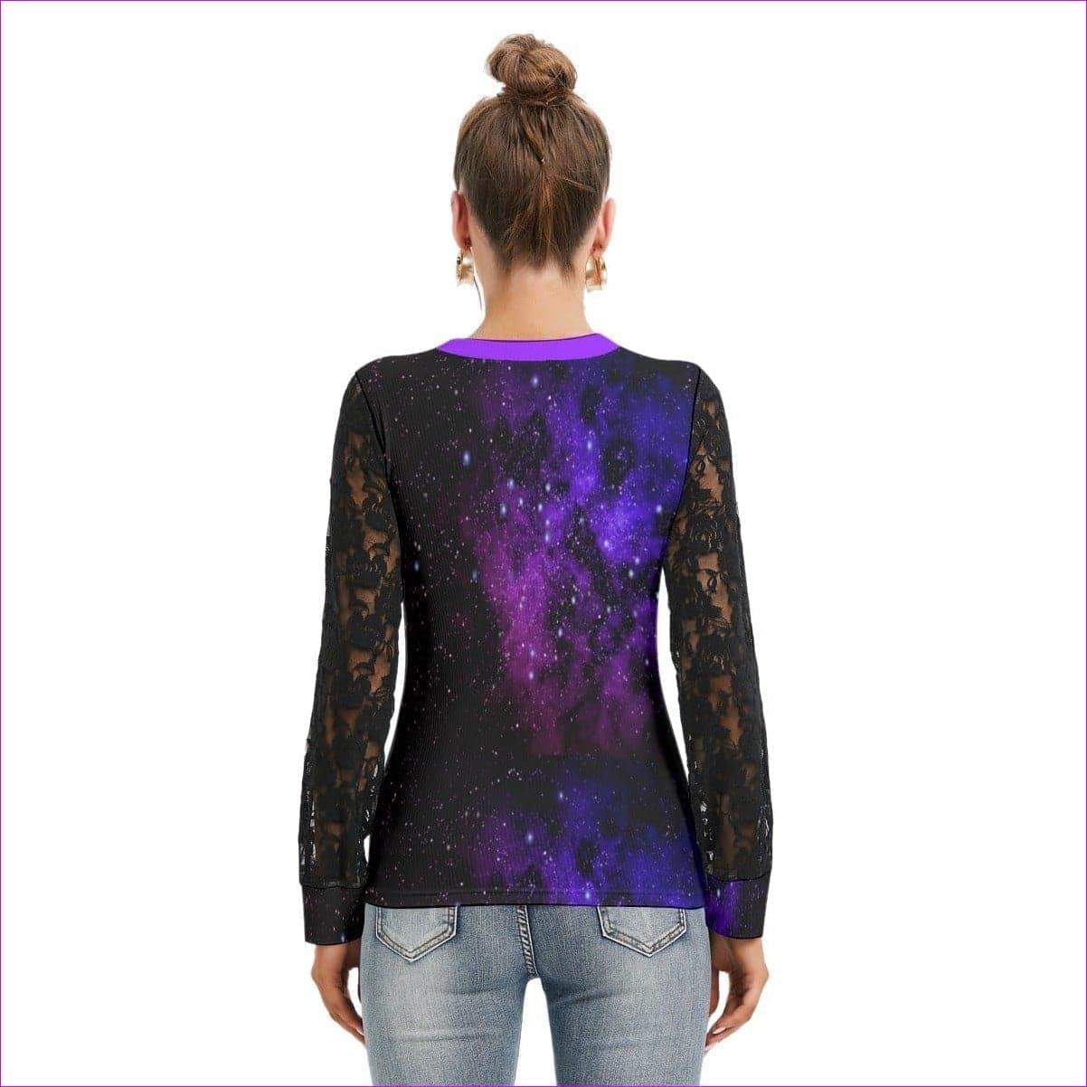 - Galaxy Black Womens T-shirt With Black Lace Sleeve - womens top at TFC&H Co.