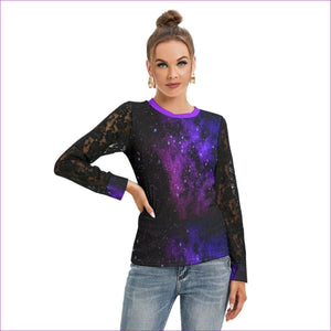 - Galaxy Black Womens T-shirt With Black Lace Sleeve - womens top at TFC&H Co.