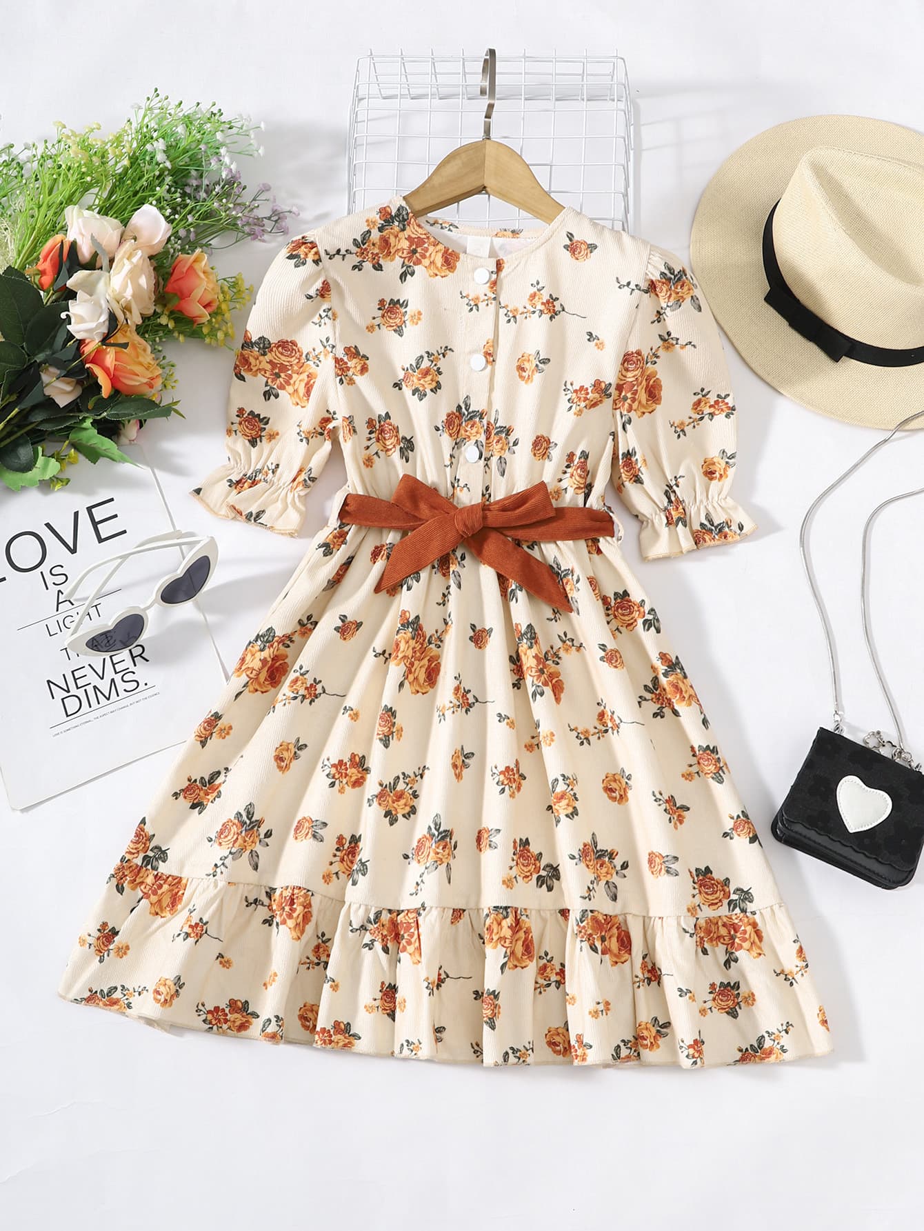 Girls Floral Tied Puff Sleeve Dress - girl's dress at TFC&H Co.