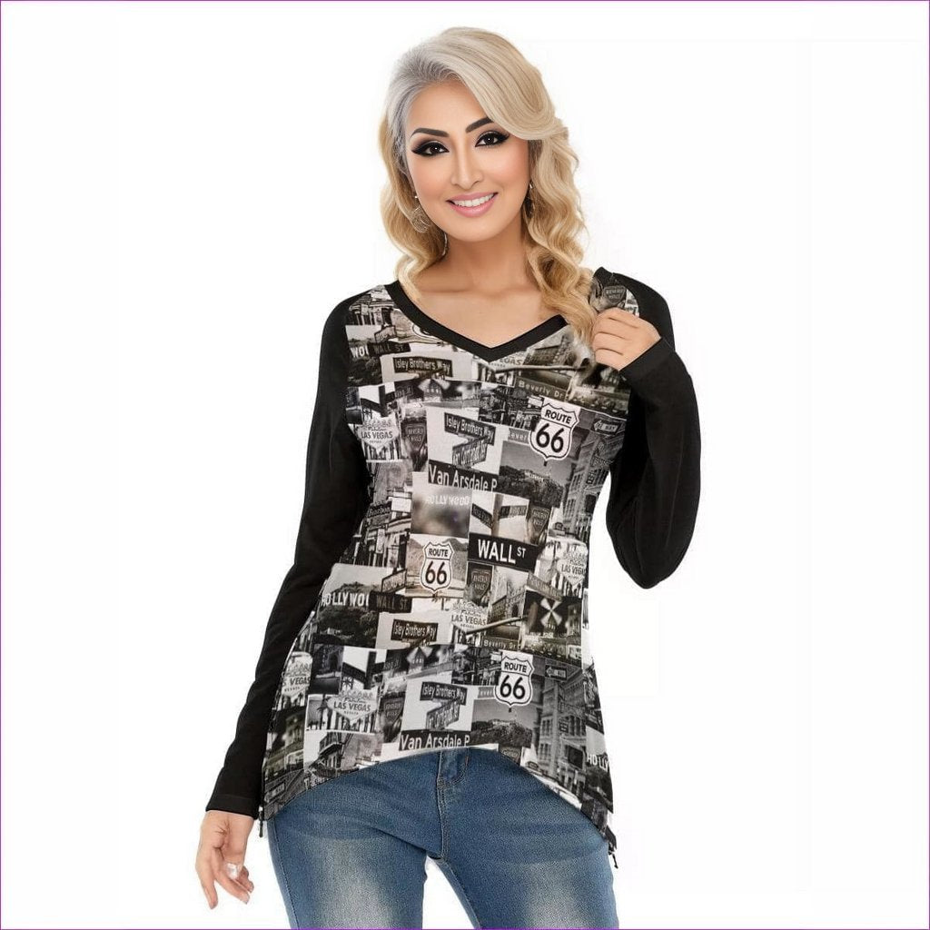 Greyed Streets Womens V-Neck Long Sleeves with Side Zip T-shirt - Women's T-Shirts at TFC&H Co.