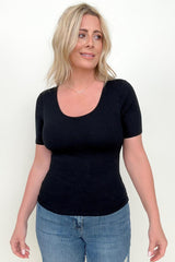 BLACK - Fawnfit Basic Ribbed Fitted Tee with Built In Bra - Ships from The US - Womens T-Shirts at TFC&H Co.