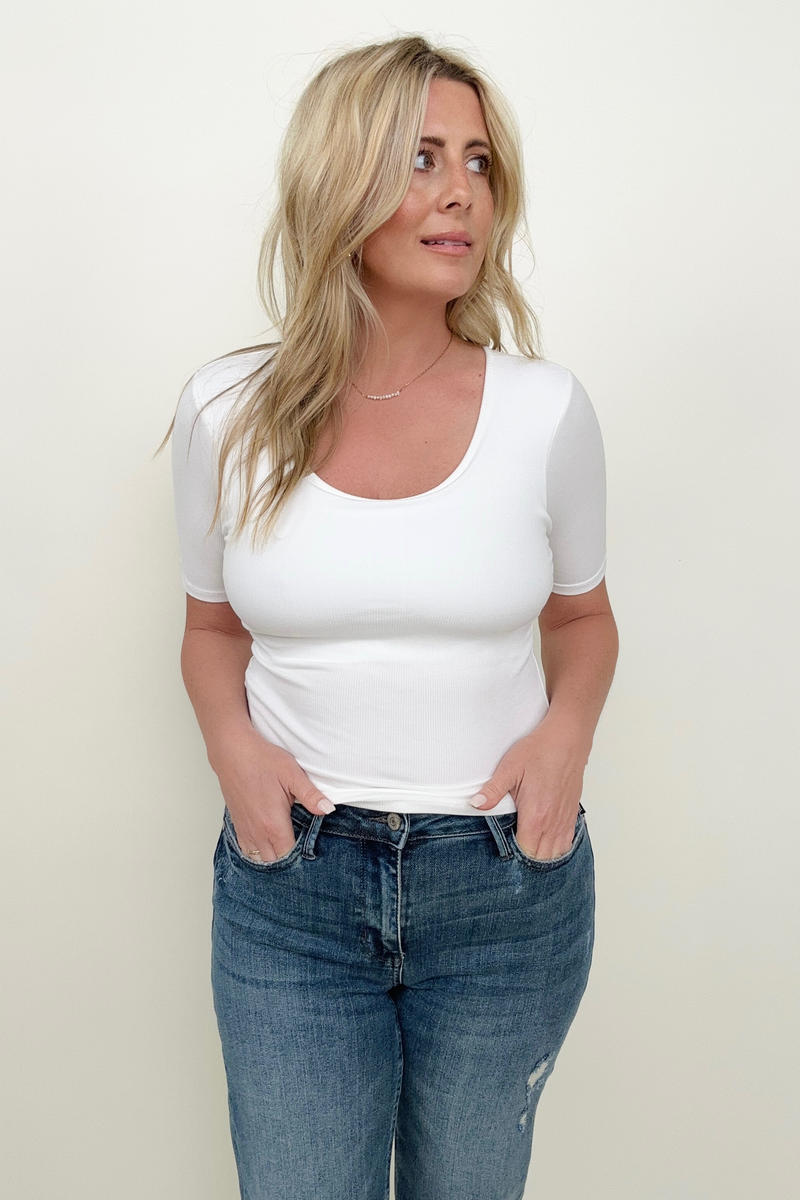 WHITE - Fawnfit Basic Ribbed Fitted Tee with Built In Bra - Ships from The US - Womens T-Shirts at TFC&H Co.