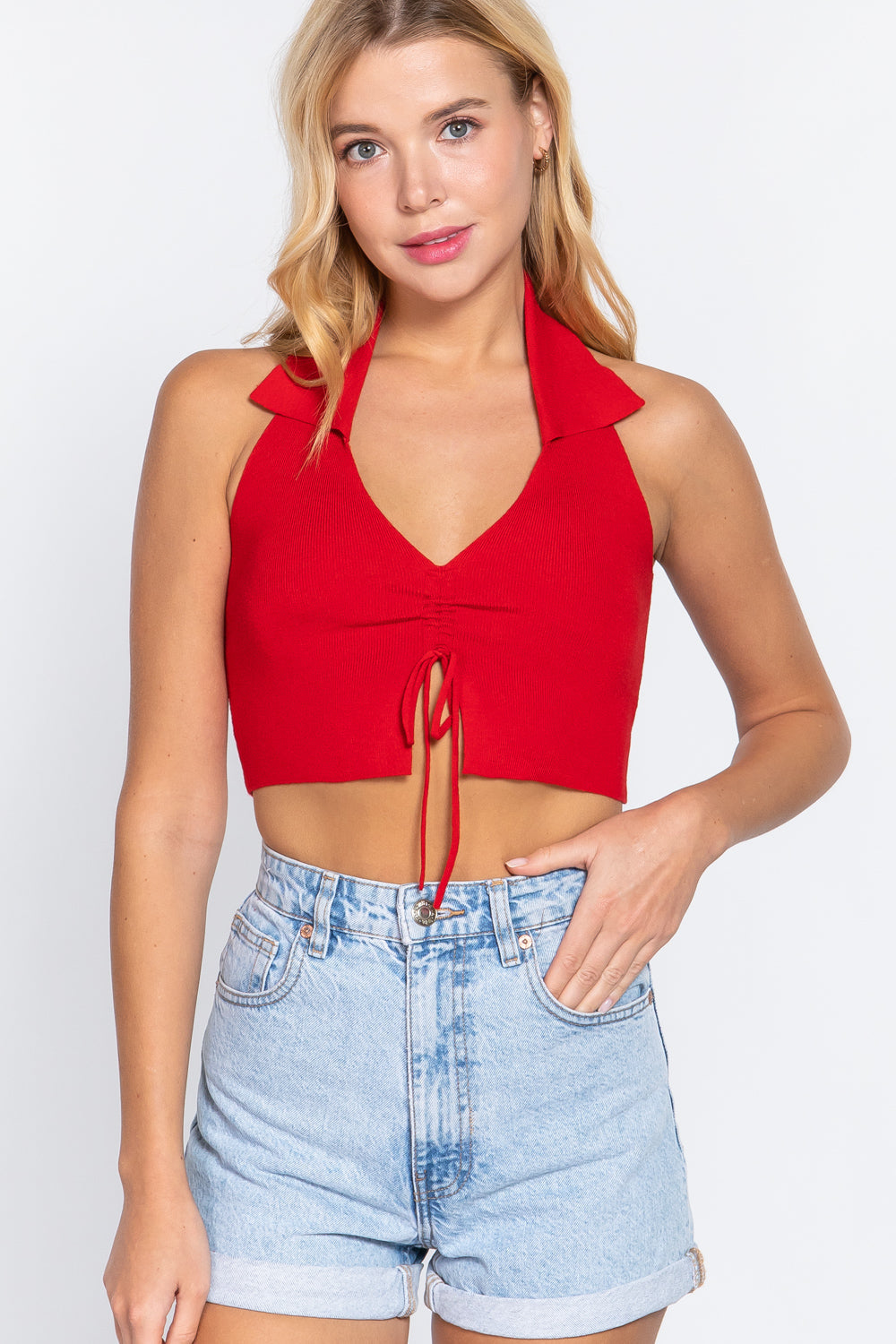 RED GLOW Halter Ruched Cropped Knit Top -6 colors - Ships from the US - women's halter top at TFC&H Co.