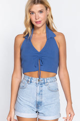 DENIM BLUE - Halter Ruched Cropped Knit Top -6 colors - Ships from the US - womens halter top at TFC&H Co.
