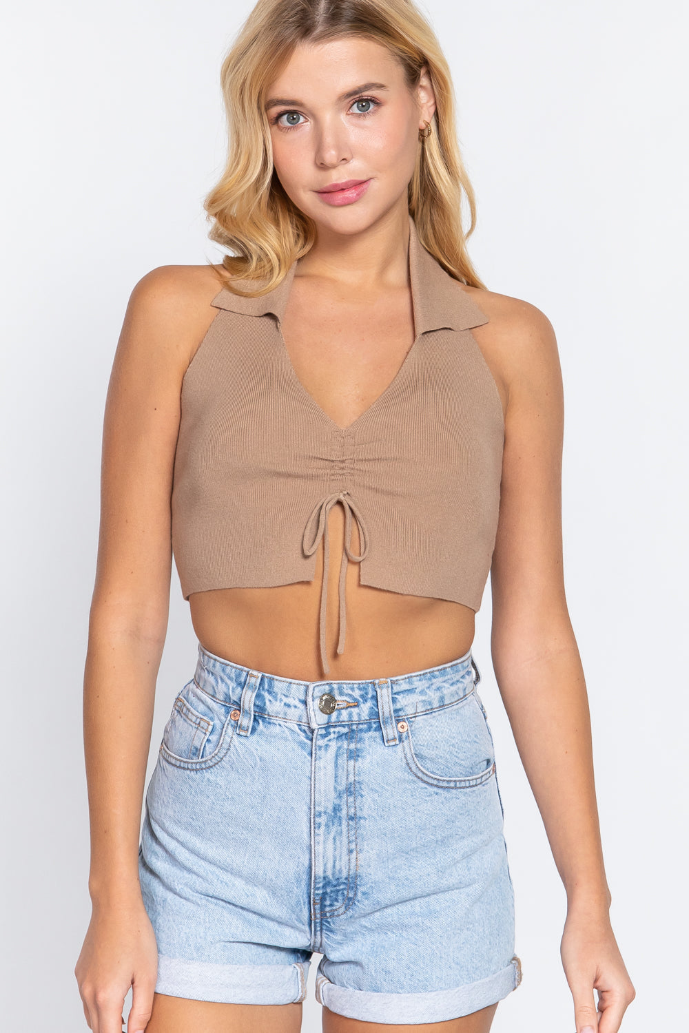 OAT MILK Halter Ruched Cropped Knit Top -6 colors - Ships from the US - women's halter top at TFC&H Co.