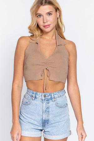 OAT MILK - Halter Ruched Cropped Knit Top -6 colors - Ships from the US - womens halter top at TFC&H Co.