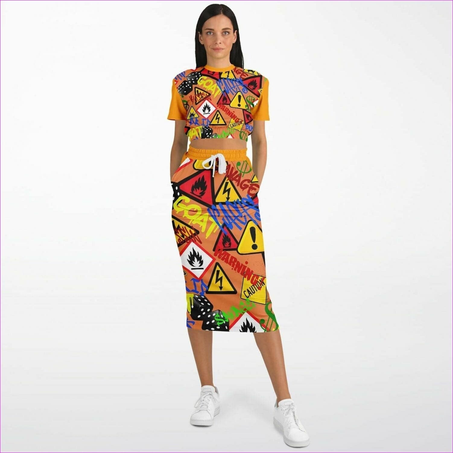 Hazard Womens Premium Crop Top & Skirt Set - Fashion Cropped Short Sleeve Sweatshirt and Long Pocket Skirt Set – AOP at TFC&H Co.