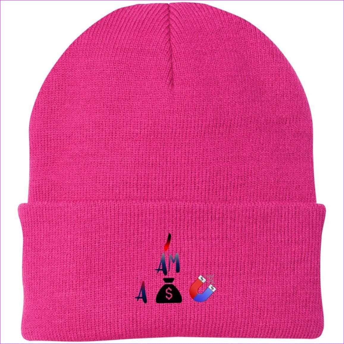 I Am A Money Magnet Knit Cap Neon Pink One Size - I Am A Money Magnet Embroidered Caps & Beanies - Hat at TFC&H Co.