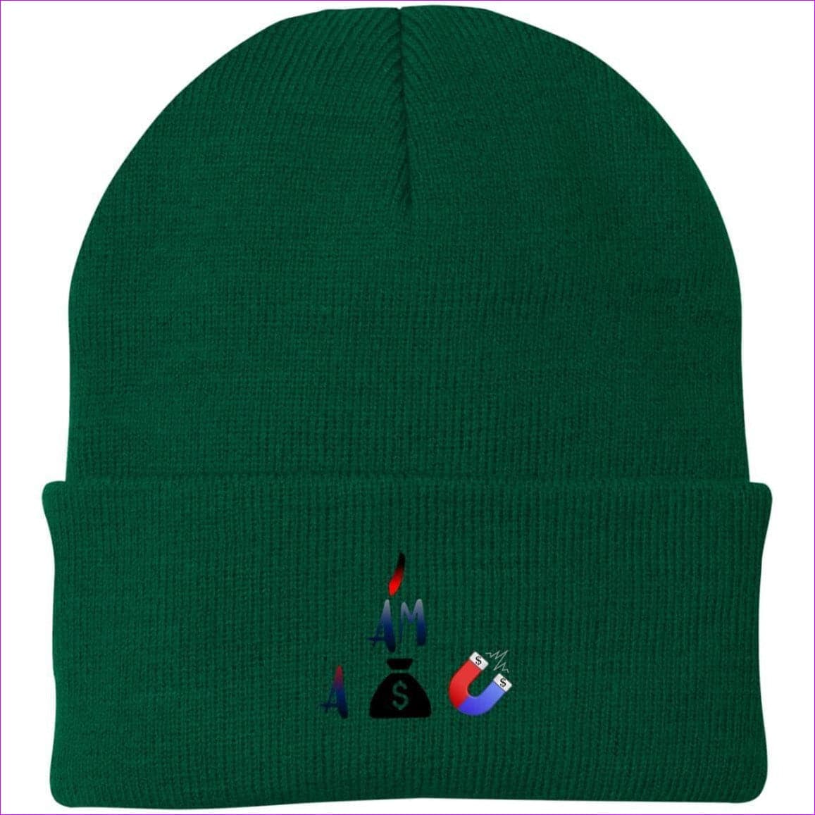 I Am A Money Magnet Knit Cap Athletic Green One Size - I Am A Money Magnet Embroidered Caps & Beanies - Hat at TFC&H Co.