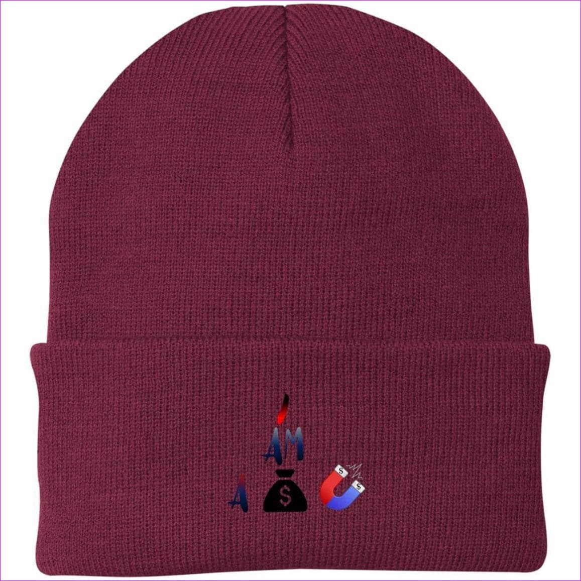 I Am A Money Magnet Knit Cap Maroon One Size - I Am A Money Magnet Embroidered Caps & Beanies - Hat at TFC&H Co.