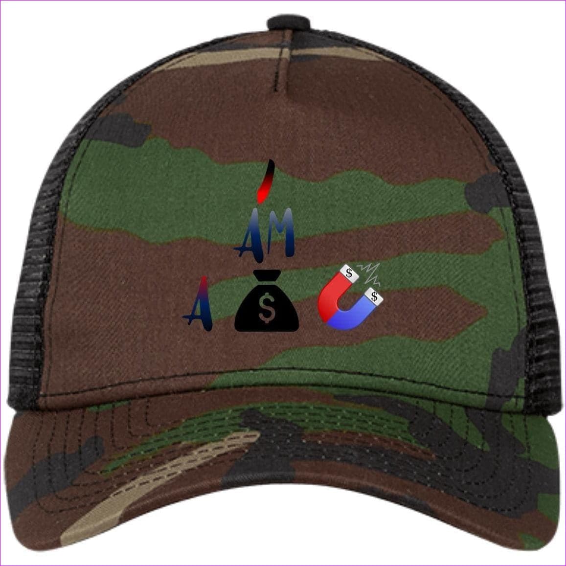 I Am A Money Magnet Snapback Trucker Cap Camo Black One Size - I Am A Money Magnet Embroidered Caps & Beanies - Hat at TFC&H Co.