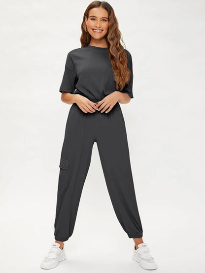 BLACK Women's casual solid color patch pocket sports casual short-sleeved T-shirt + trousers two-piece set - women's top & pants set at TFC&H Co.