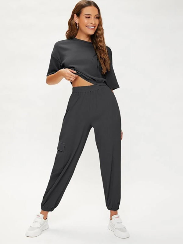 Women's casual solid color patch pocket sports casual short-sleeved T-shirt + trousers two-piece set - women's top & pants set at TFC&H Co.