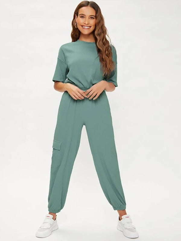 Women's casual solid color patch pocket sports casual short-sleeved T-shirt + trousers two-piece set - women's top & pants set at TFC&H Co.