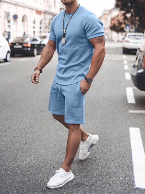 Clear blue New Men's Casual Solid Color Short Sleeve Shorts Two-Piece Set - men's short set at TFC&H Co.