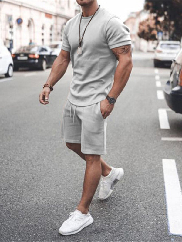 Misty grey New Men's Casual Solid Color Short Sleeve Shorts Two-Piece Set - men's short set at TFC&H Co.