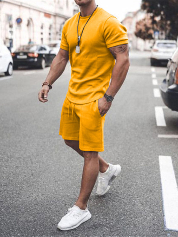 Yellow New Men's Casual Solid Color Short Sleeve Shorts Two-Piece Set - men's short set at TFC&H Co.