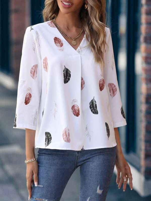 Women's Woven V-Neck Feather Print Cropped Sleeve Loose Blouse - 3 colors - Ships from The US - women's blouse at TFC&H Co.