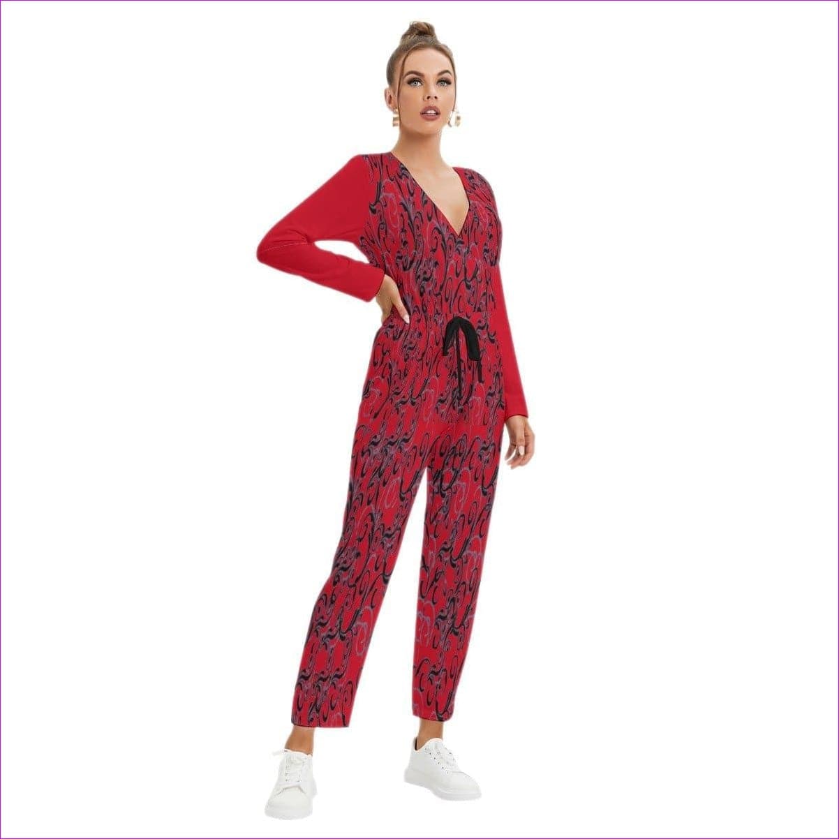 Red - Intricate Red Womens V-neck High Waist Red Jumpsuit - womens jumpsuit at TFC&H Co.