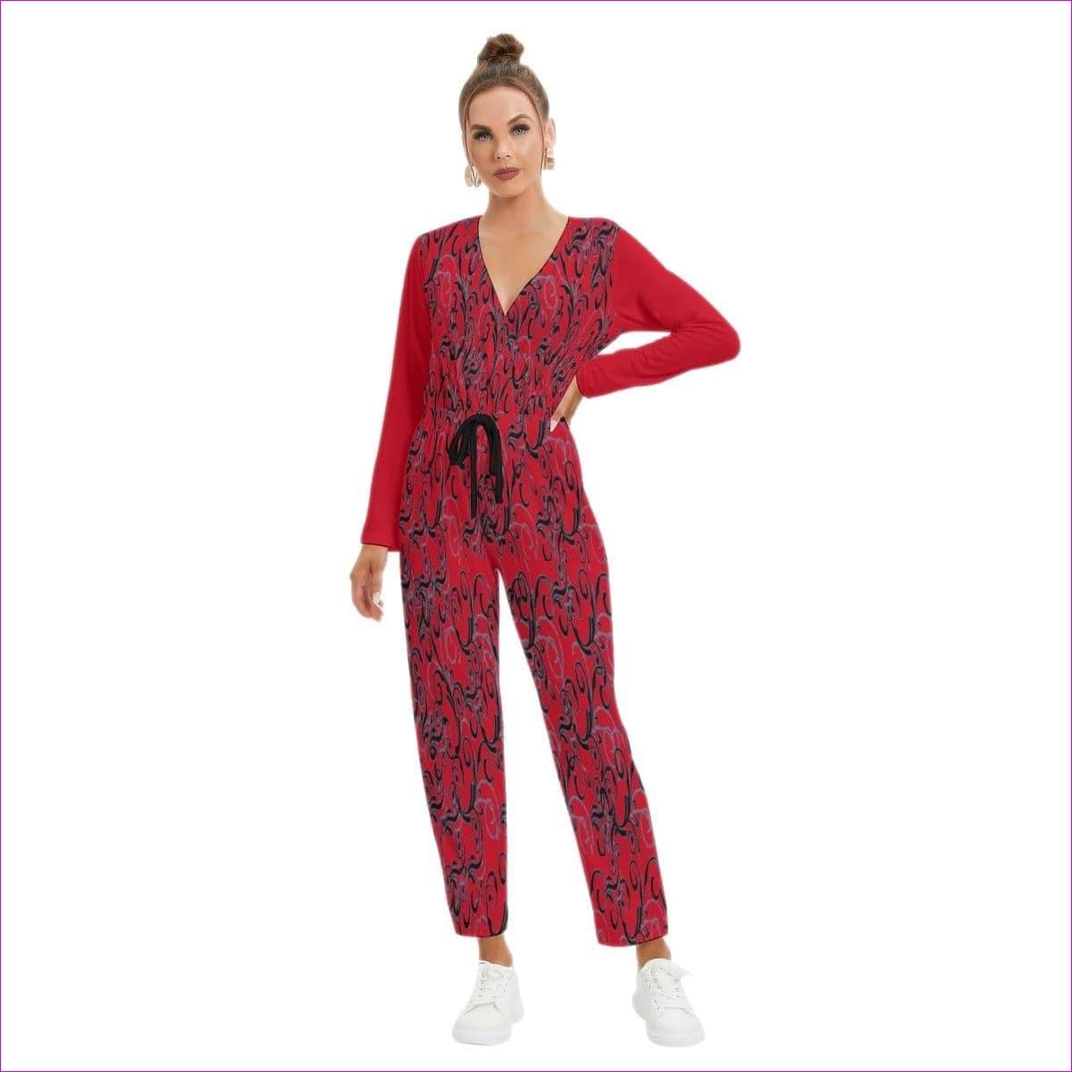- Intricate Red Womens V-neck High Waist Red Jumpsuit - womens jumpsuit at TFC&H Co.