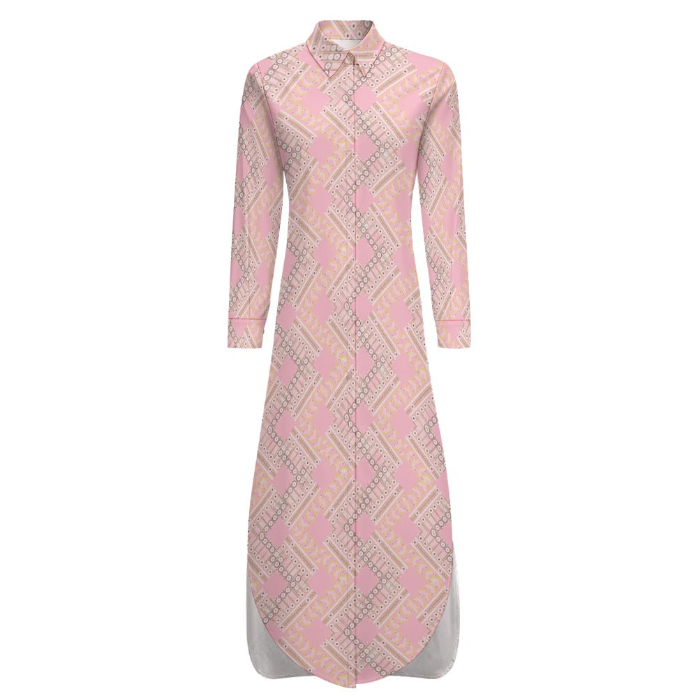 Pink - Ishan Button Neck Long Sleeve Shirt Dress -3 colors - womens shirt dress at TFC&H Co.