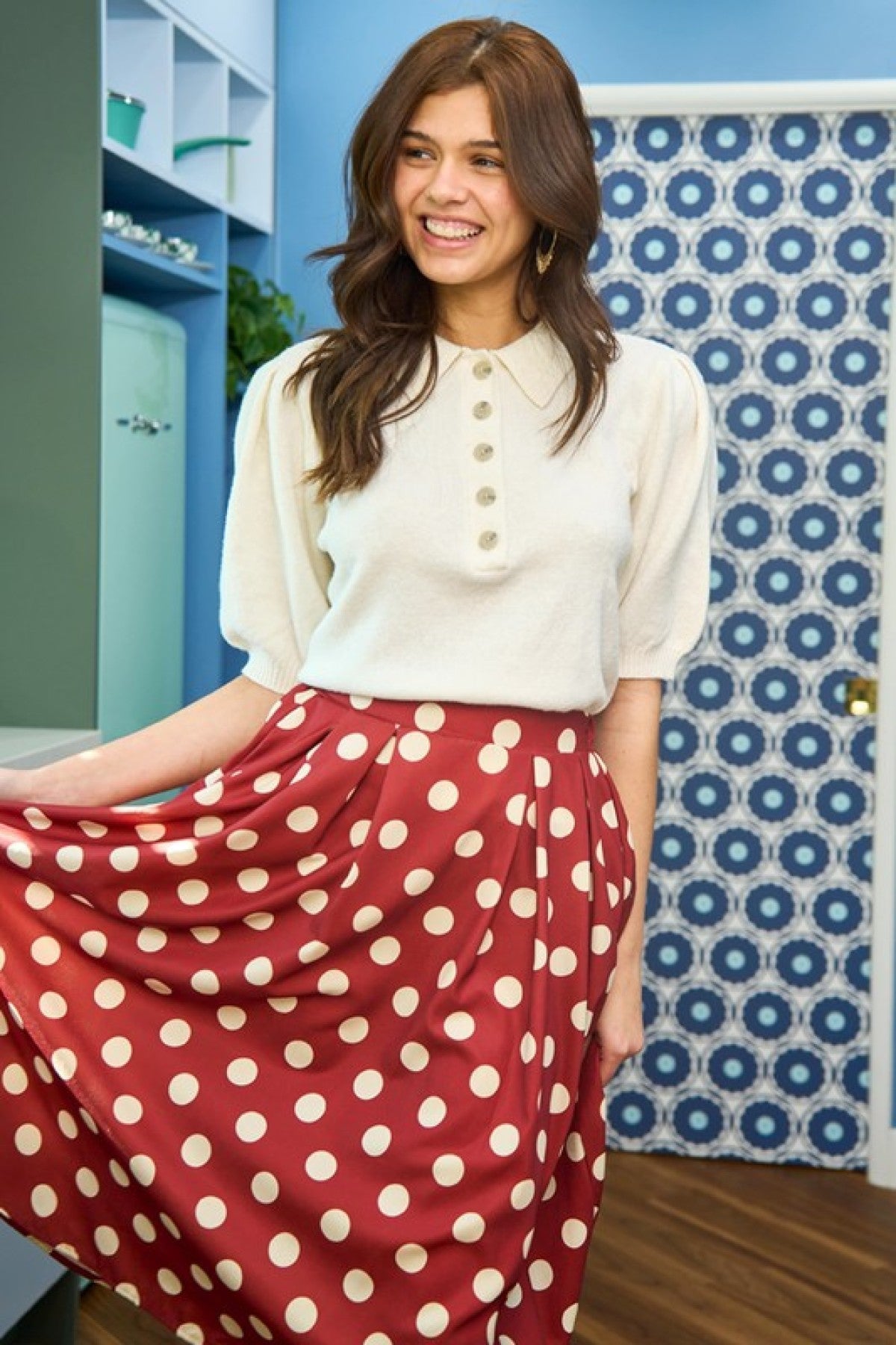 BURGUNDY - Jade By Jane Polka Dot Pleated Midi Skirt - Ships from The US - womens skirts at TFC&H Co.