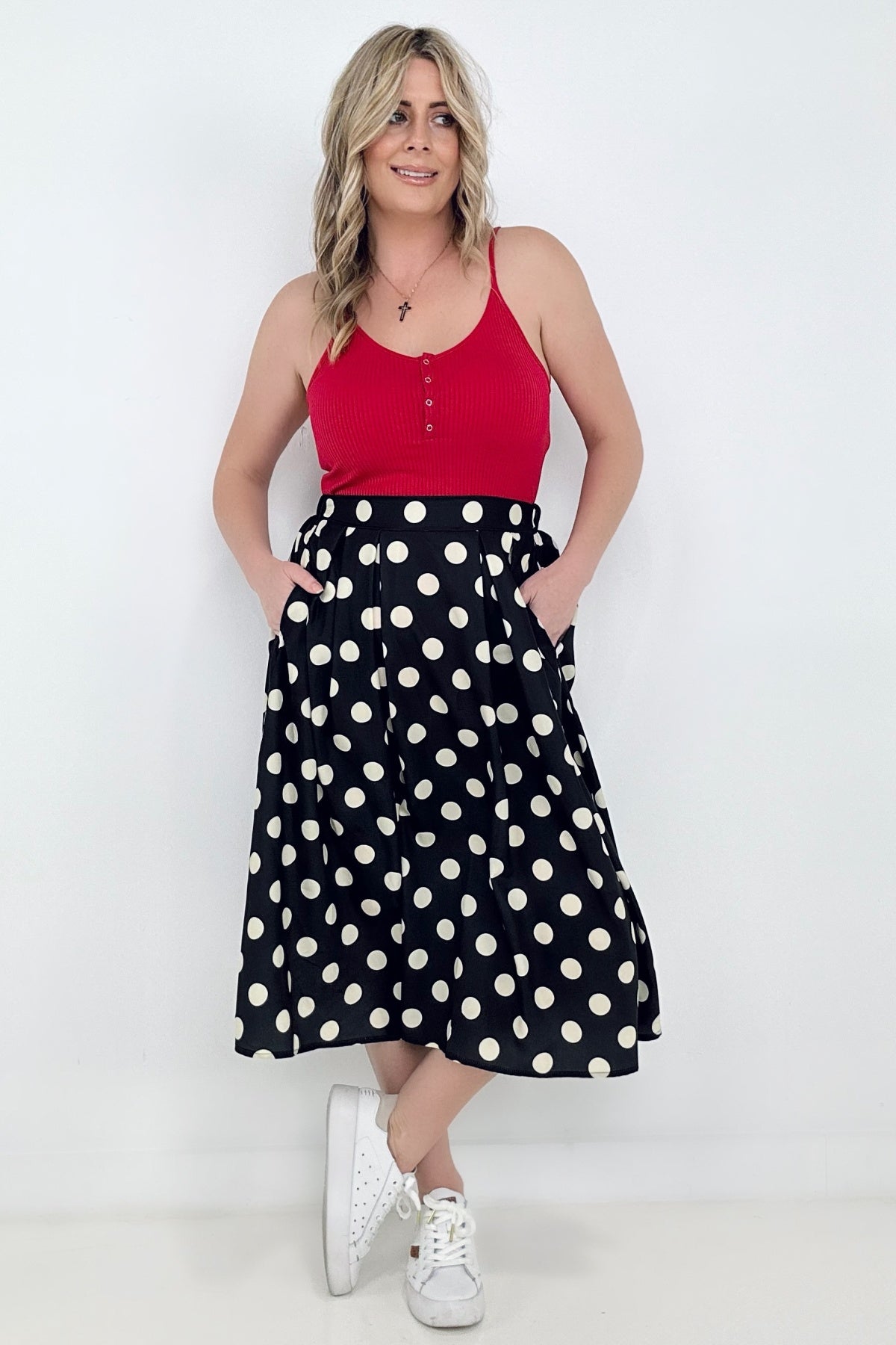 BLACK Jade By Jane Polka Dot Pleated Midi Skirt - Ships from The US - women's skirts at TFC&H Co.