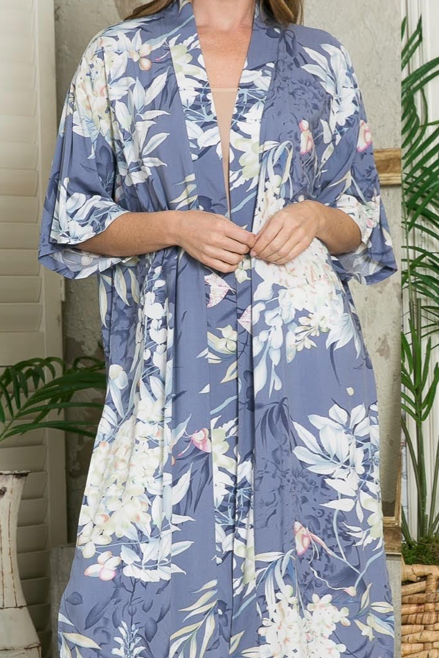 BLUE ONE SIZE - Justin Taylor Botanical Print Split Cover Up - Ships from The US - womens cover up at TFC&H Co.