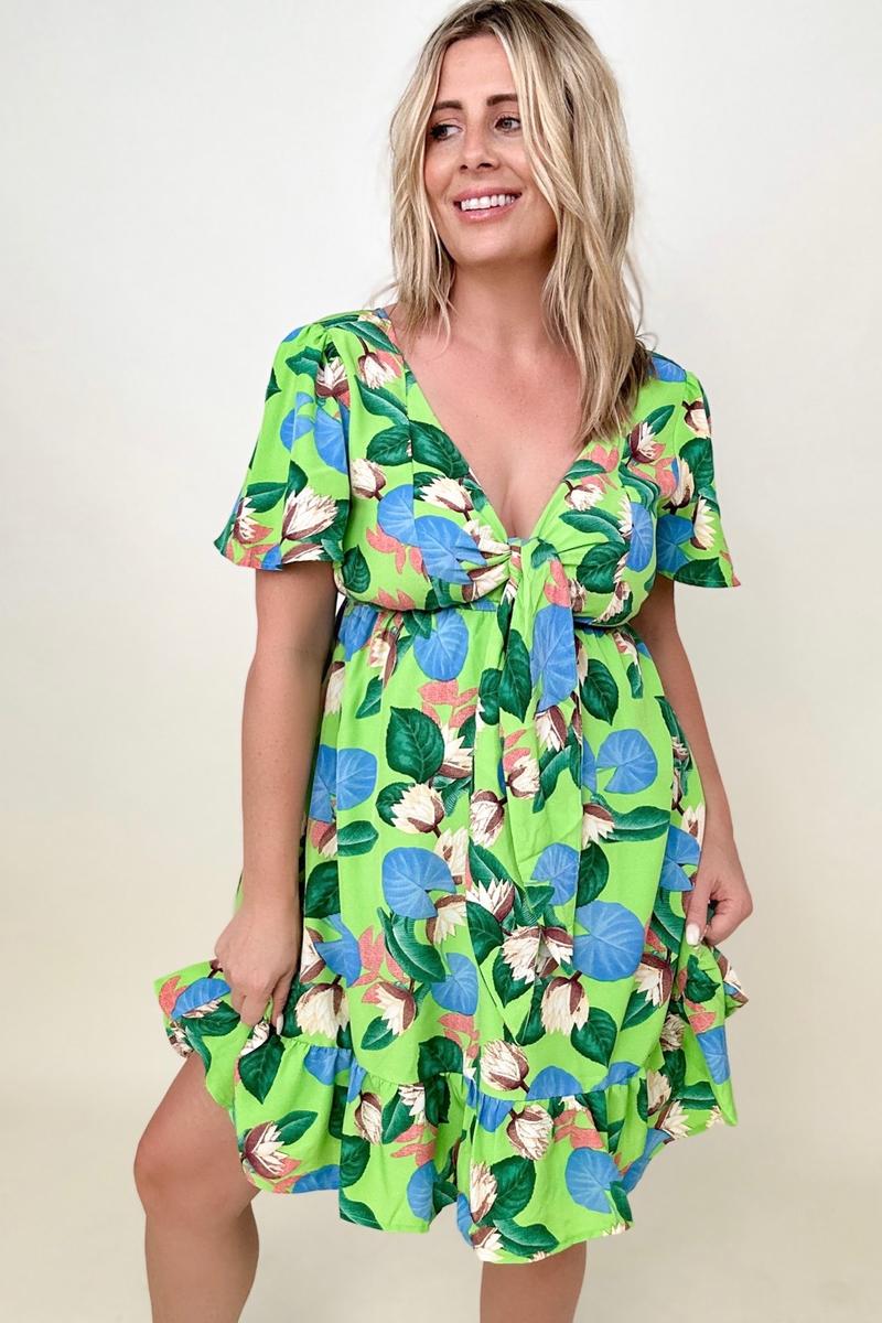 APPLE GREEN - Gigio Tropical Print Flutter Sleeve Dress - Ships from The USA - womens dress at TFC&H Co.