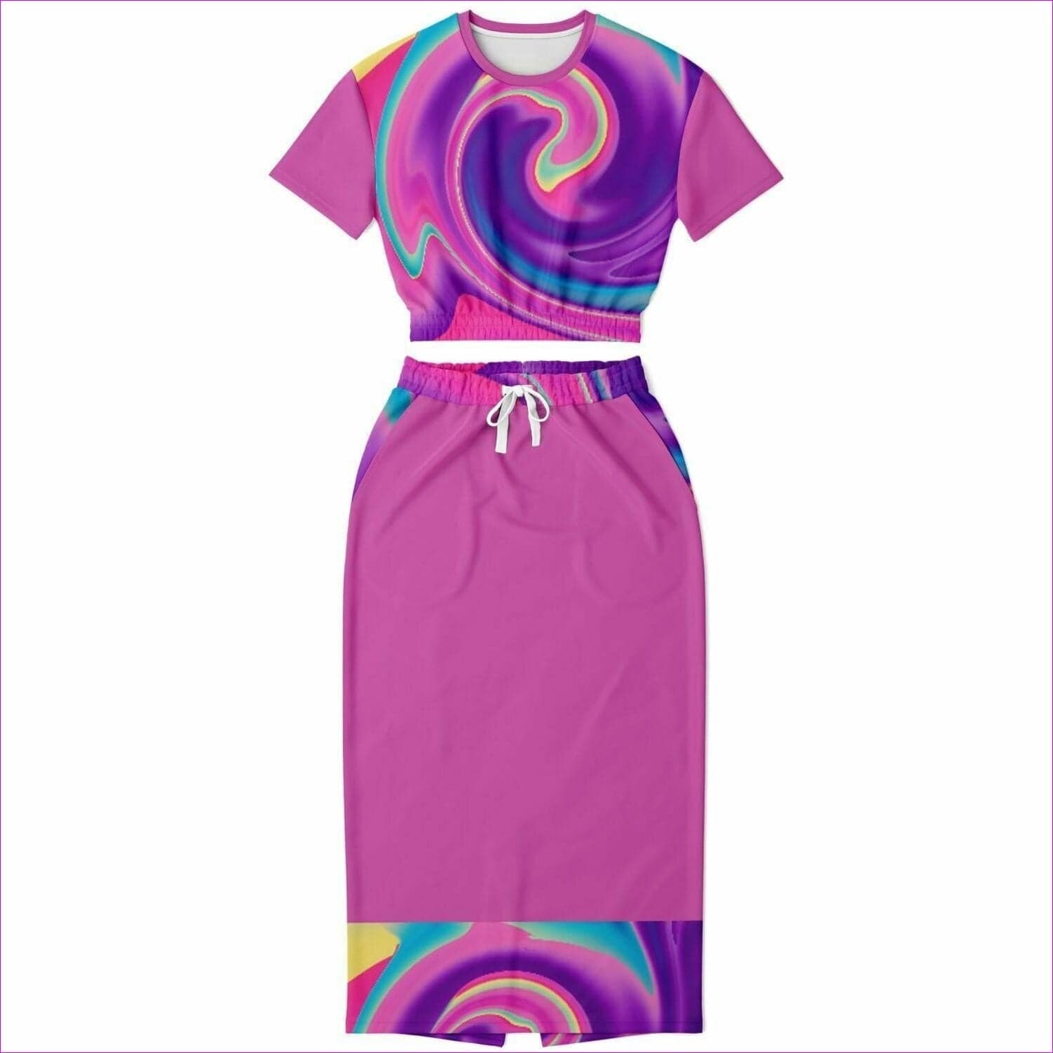 XL - Lady's Tie-Dye Premium Crop Top & Skirt Set - Fashion Cropped Short Sleeve Sweatshirt and Long Pocket Skirt Set – AOP at TFC&H Co.
