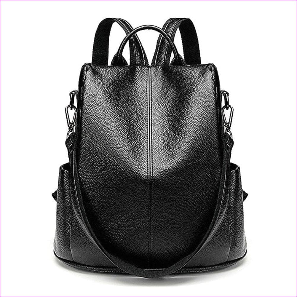 Black Leather Zipper School Bag Solid Color Daily Brown / Black / Fall & Winter - bookbag at TFC&H Co.