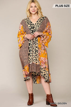 - Leopard And Floral Mixed Print Hi Low Midi Dress With Waist Tie Voluptuous (+) Plus Size - 2 colors - Ships from The US - womens dress at TFC&H Co.