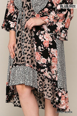 - Leopard And Floral Mixed Print Hi Low Midi Dress With Waist Tie Voluptuous (+) Plus Size - 2 colors - Ships from The US - womens dress at TFC&H Co.