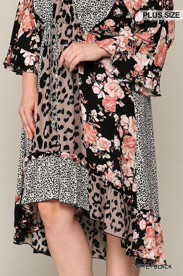 Leopard And Floral Mixed Print Hi Low Midi Dress With Waist Tie Voluptuous (+) Plus Size - 2 colors - Ships from The US - women's dress at TFC&H Co.