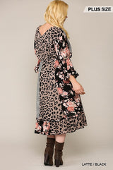 LATTE/BLACK - Leopard And Floral Mixed Print Hi Low Midi Dress With Waist Tie Voluptuous (+) Plus Size - 2 colors - Ships from The US - womens dress at TFC&H Co.