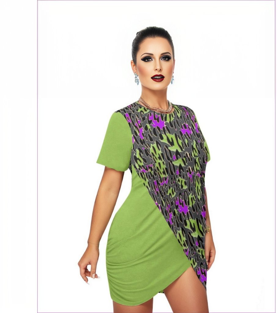 Leopard Splash Grundge Lime Women’s Stacked Hem Dress Voluptuous (+) Plus Size - women's dress at TFC&H Co.