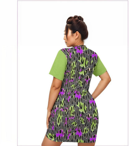 Leopard Splash Grundge Lime Women’s Stacked Hem Dress Voluptuous (+) Plus Size - women's dress at TFC&H Co.