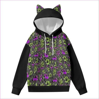Black Leopard Splash Grundge Purr Women’s Hoodie With Decorative Ears - women's cat ear hoodie at TFC&H Co.