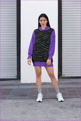 L purple/black - Linear Long Fleece Hoodie Dress - womens dress at TFC&H Co.