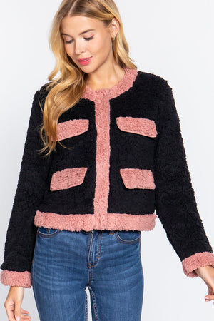 BLACK PINK - Long Sleeve Pocket Detail Faux Fur Jacket - 3 colors - Ships from The US - womens jacket at TFC&H Co.