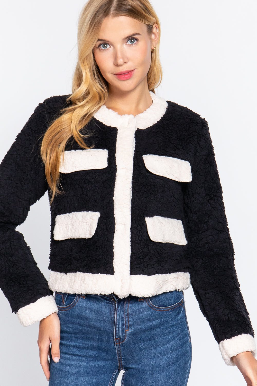 BLACK CREAM - Long Sleeve Pocket Detail Faux Fur Jacket - 3 colors - Ships from The US - womens jacket at TFC&H Co.