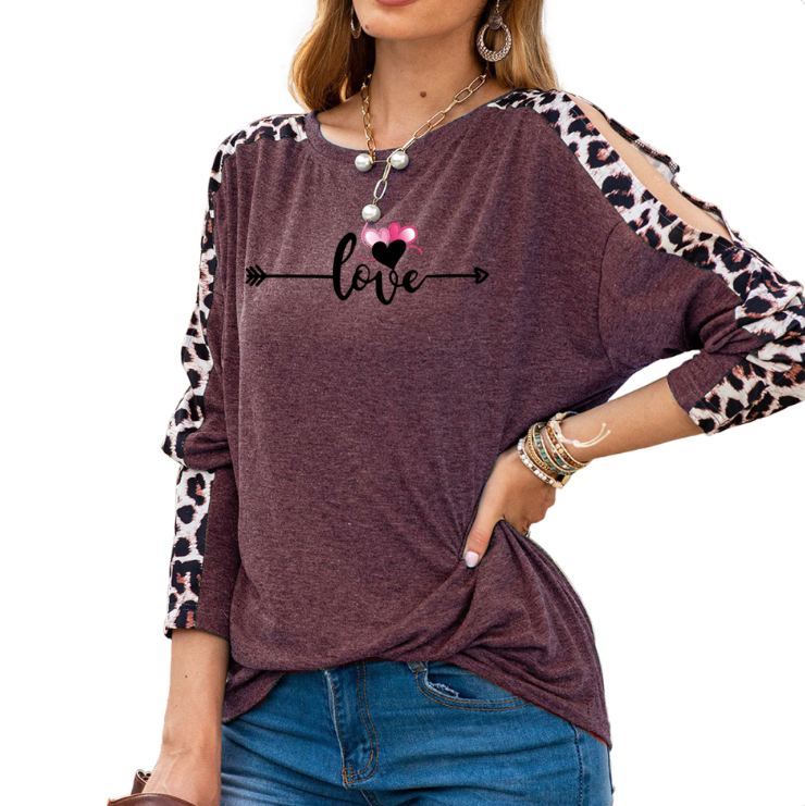 Wine red - Love in Motion Women's Shoulder Slit Leopard Print Top - womens shirt at TFC&H Co.