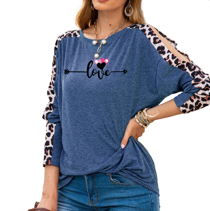 Blue - Love in Motion Women's Shoulder Slit Leopard Print Top - womens shirt at TFC&H Co.